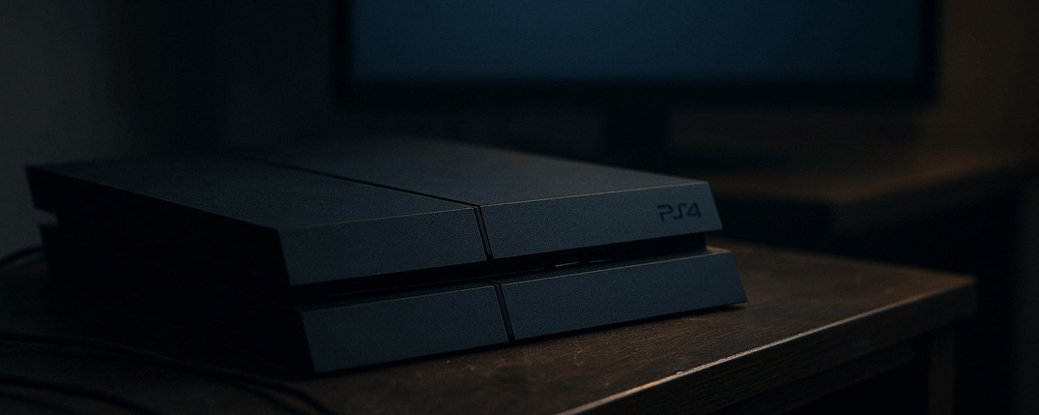 Fotografia de um PlayStation 4 desligado sobre um rack de madeira, com uma TV ao fundo exibindo mensagem de desconexão da PSN, em ambiente escuro e nostálgico.