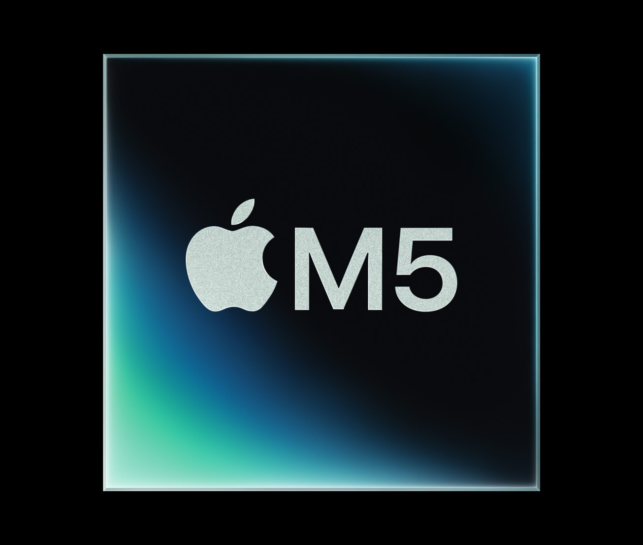 Chip Apple M5 representado em uma placa escura com brilho azul e verde nas bordas, logotipo da Apple e a inscrição "M5" em destaque