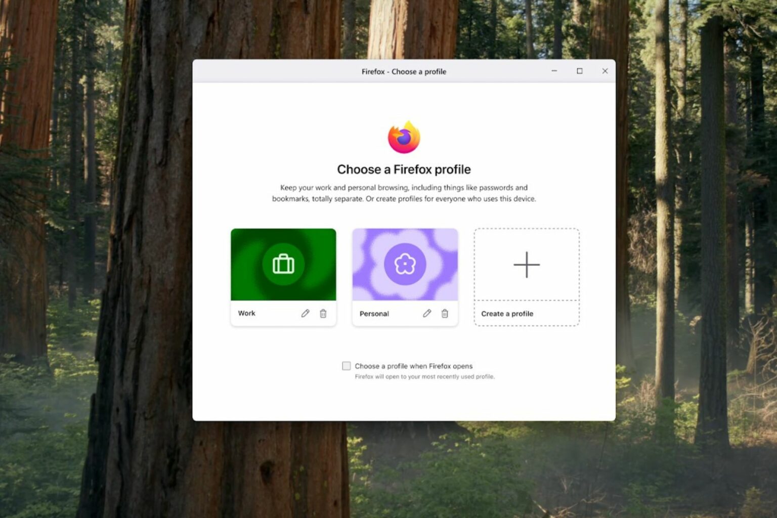Captura de tela da janela do Firefox para escolher perfil, com opções Work, Personal e Create a profile sobre um fundo de floresta