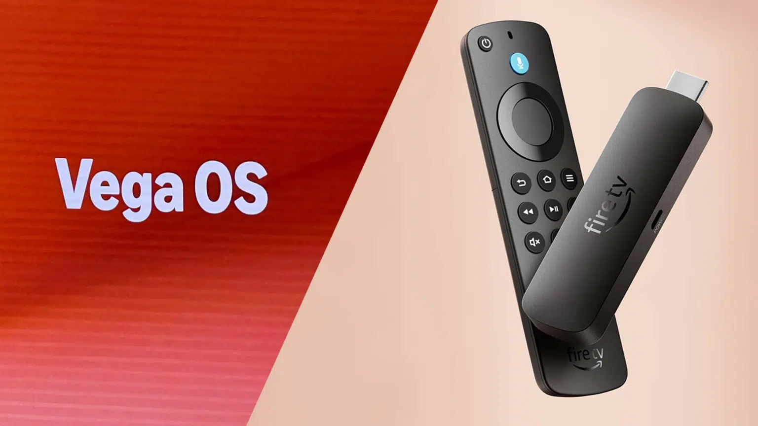 Logo "Vega OS" sobre fundo vermelho ao lado de um Fire TV Stick preto com controle remoto com botão de voz
