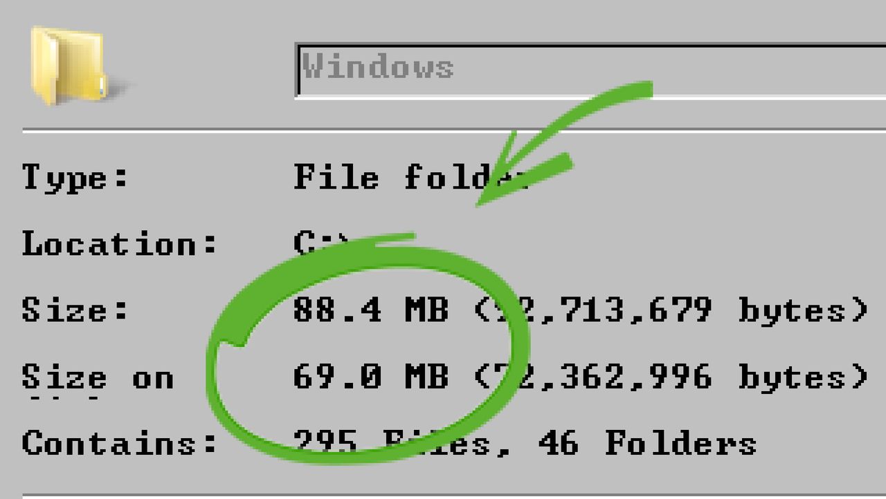 Desenvolvedor cria versão compacta do Windows 7 que ocupa apenas 69MB 21 Janela de propriedades antiga do Windows mostrando pasta compactada Windows 7 ocupando 69MB em disco