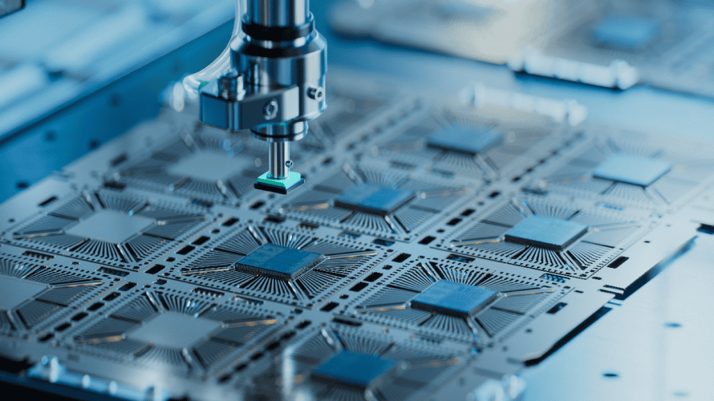 China dribla sanções dos EUA e avança na guerra dos chips 2 Linha de fabricação de semicondutores com robô segurando chip verde sobre placa de circuito