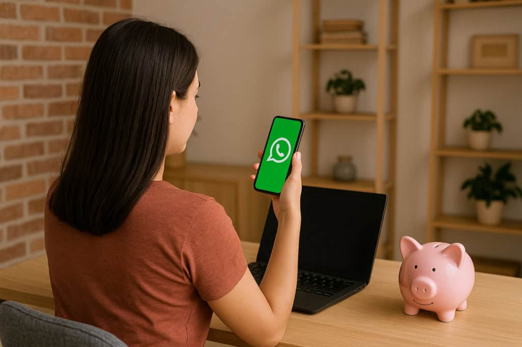 WhatsApp deixou de funcionar nestes celulares antigos, incluindo iPhones e Galaxys: veja se o seu está na lista 2 Mulher segurando smartphone com logo do WhatsApp sentada em mesa com laptop e cofrinho na decoração.