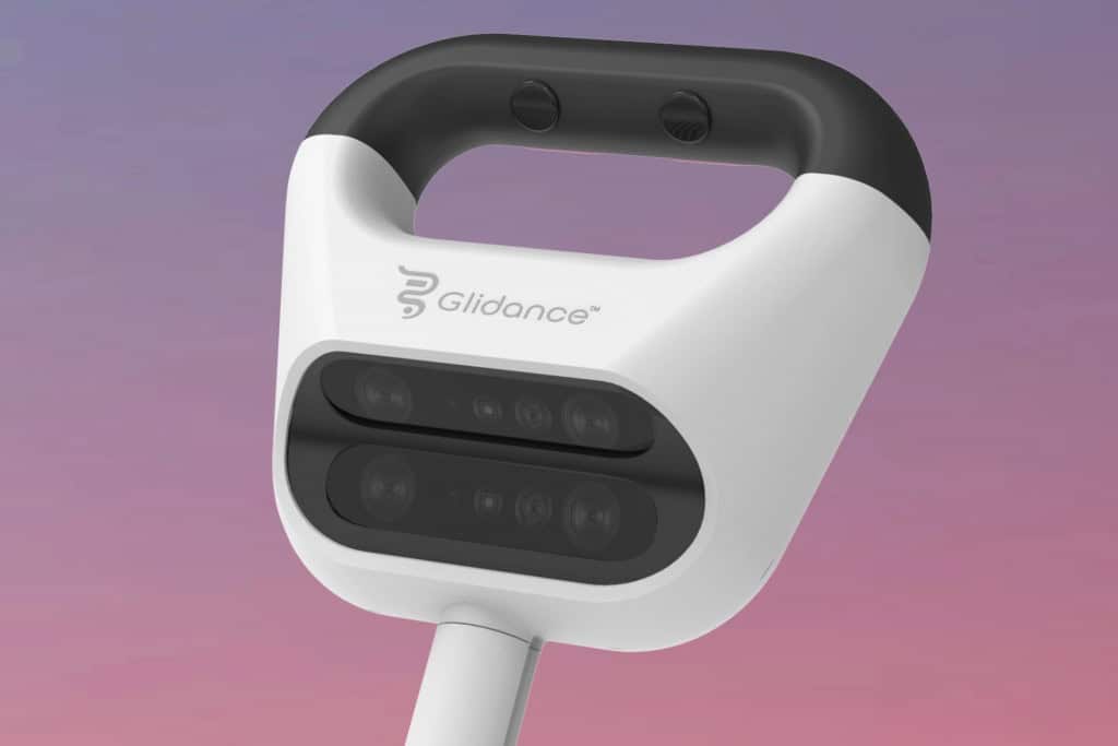 A bengala inteligente Glide promete transformar a mobilidade de pessoas cegas 3 Empunhadura com sensores e logotipo Glidance na bengala inteligente Glide
