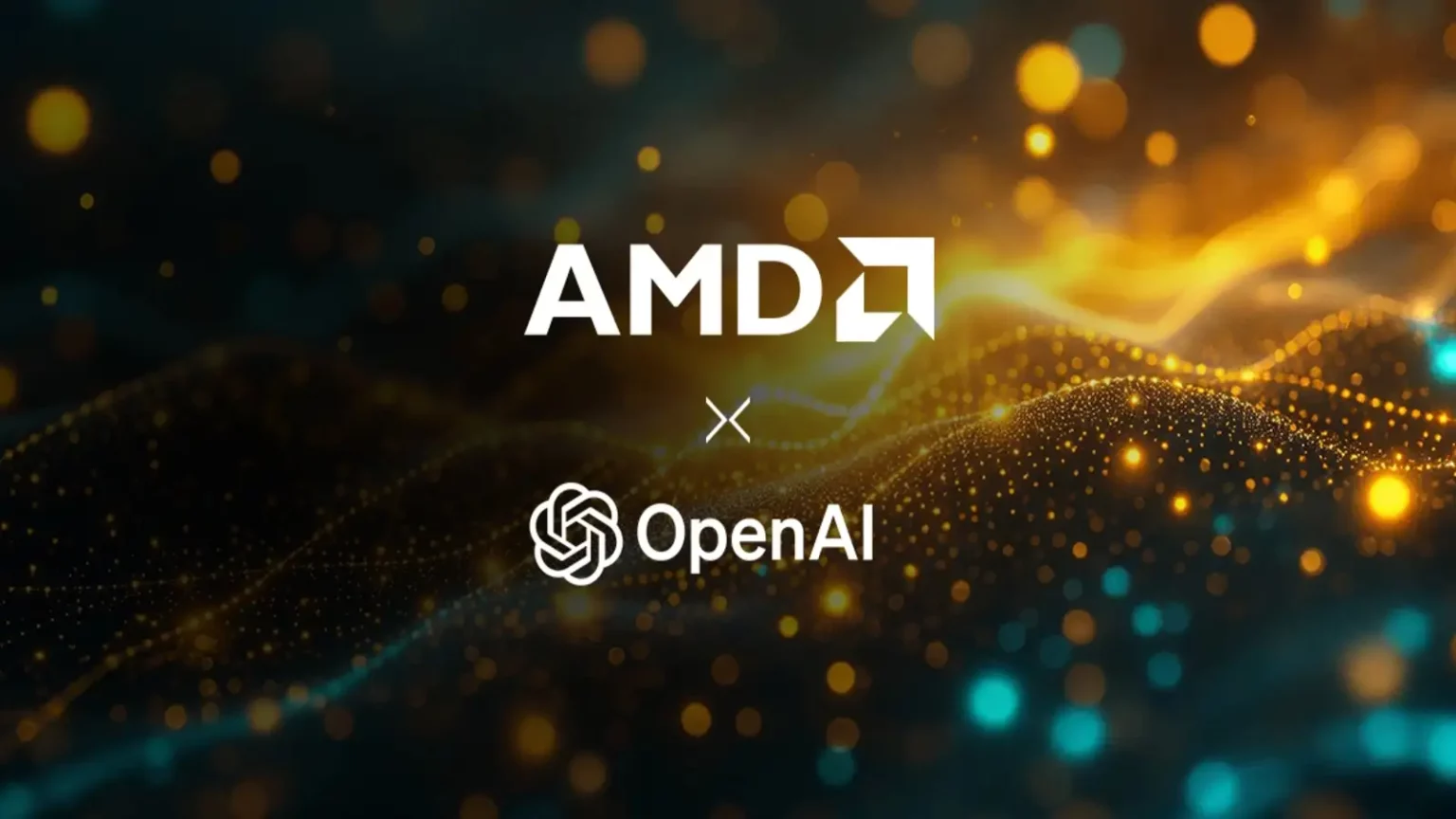 Logos da AMD e da OpenAI separados por um x sobre fundo escuro com pontos luminosos dourados e azuis, simbolizando a parceria entre as empresas