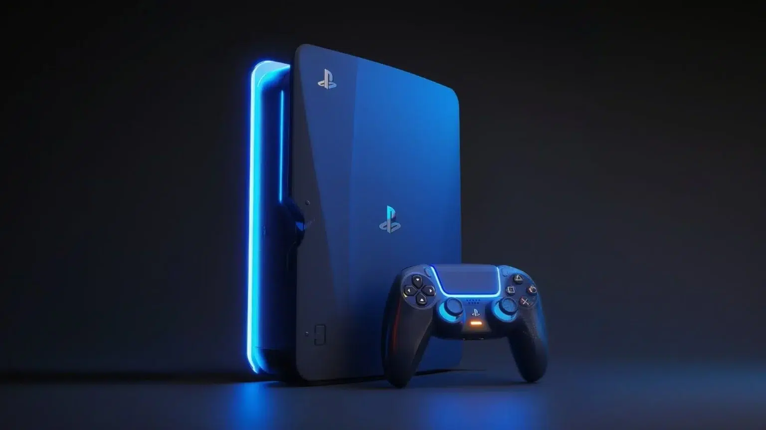 Console PlayStation azul com iluminação neon e controle DualSense ao lado, em fundo escuro