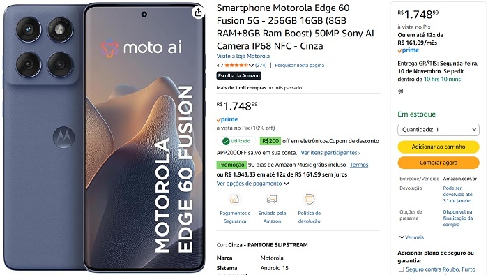 Motorola Edge 60 Fusion 5G: tela Quad-Curve e sensor Sony por R$ 1.548 com desconto + cupom 4 1 17