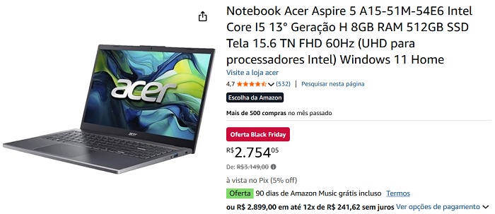 Notebook Acer Aspire 5 na promoção saindo por R$2.754, uma escolha ideal para trabalho e estudo 13 1 34