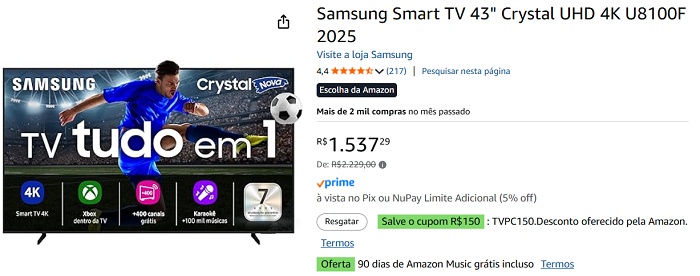 Samsung Crystal UHD 4K 43" cai para R$ 1.387 e registra o menor preço da Black Friday 1 1 80