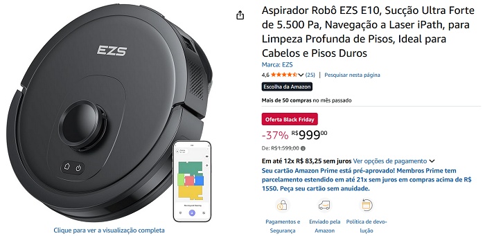 Aspirador de pós EZS E10 está por R$ 999 com mapeamento e recursos premium. Confira! 1 1 90