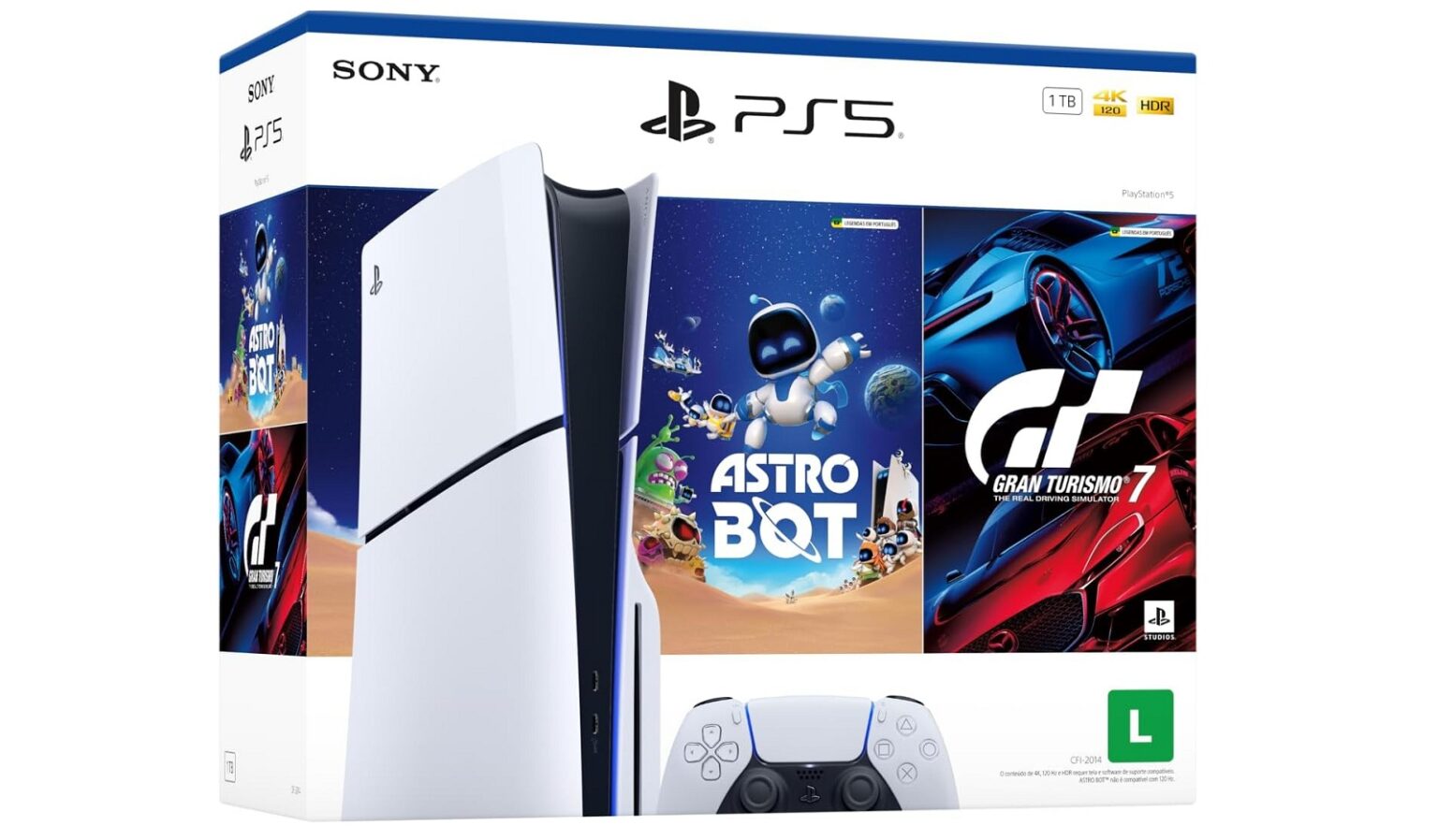 Console PlayStation 5 Slim com leitor de disco, controle DualSense e caixa com os jogos Astro Bot e Gran Turismo 7