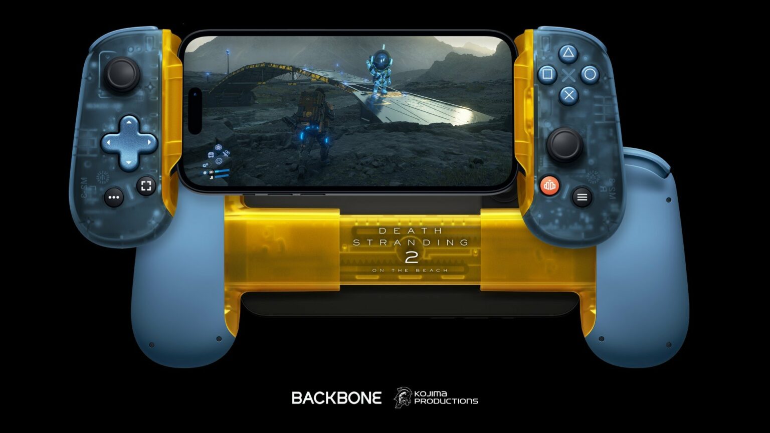 Controle Backbone edição Death Stranding 2 em tons azul e amarelo, acoplado a um smartphone exibindo o jogo, com a logo da Kojima Productions