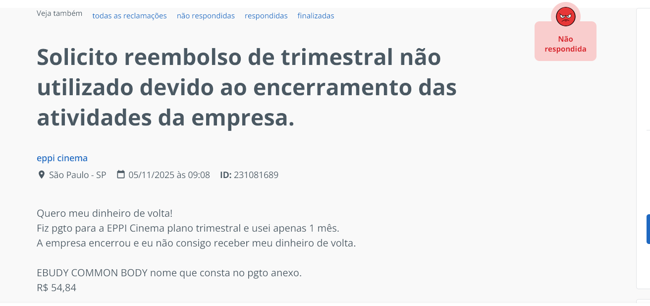 Brasileiros se revoltam com fim do Eppi Cinema e lotam o Reclame Aqui de mensagens: "quero meu dinheiro de volta" 2 Captura de tela 2025 11 05 123237