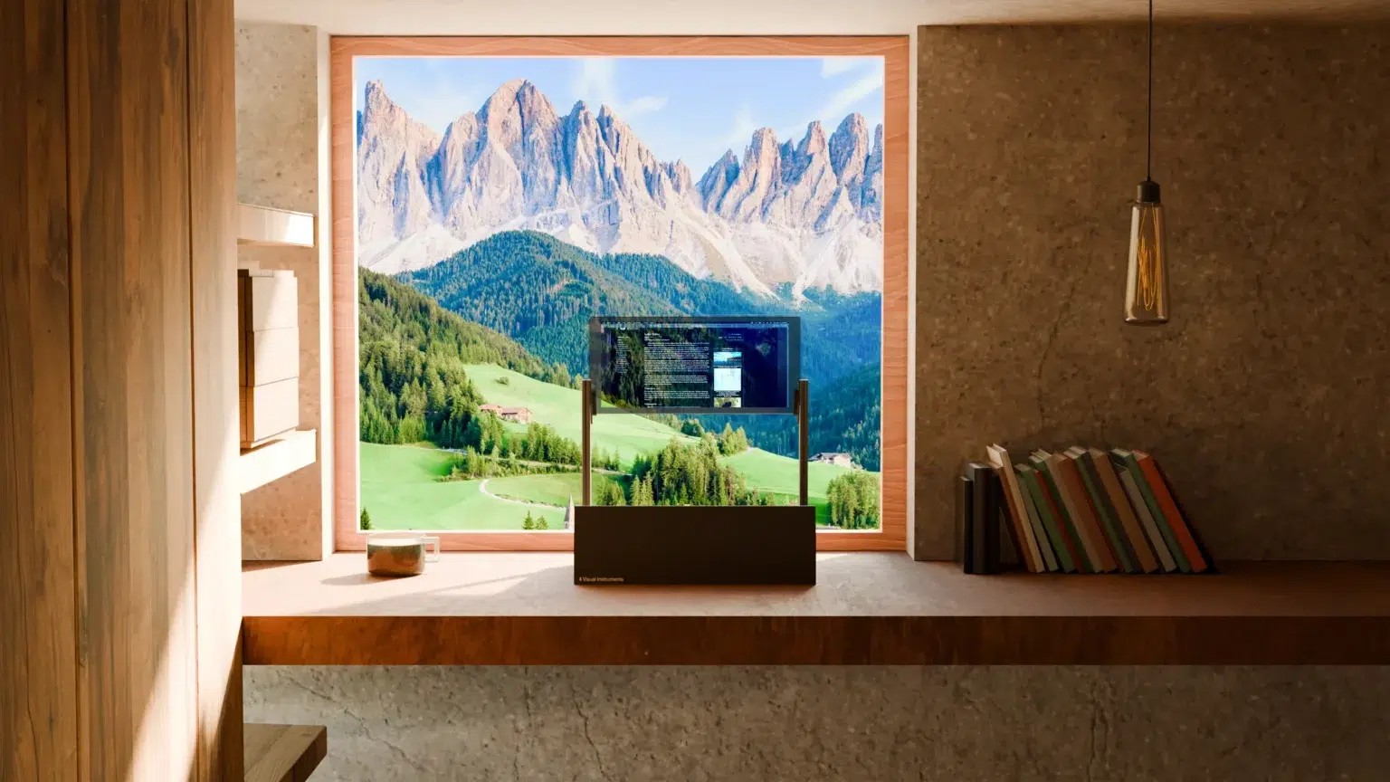 Monitor com tela transparente sobre uma prateleira de madeira, em frente a uma janela com vista para montanhas e vale verde, em ambiente de design minimalista