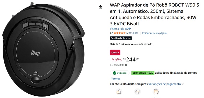 Robô aspirador com 55% OFF: WAP W90 cai para R$ 245 (em até 6x) e resolve sua limpeza 1 1 34