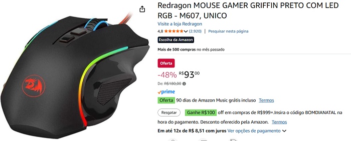 Mouse Redragon Griffin com 48% de desconto: RGB, sensor Pixart e botões extras por preço vantajoso 1 1 51