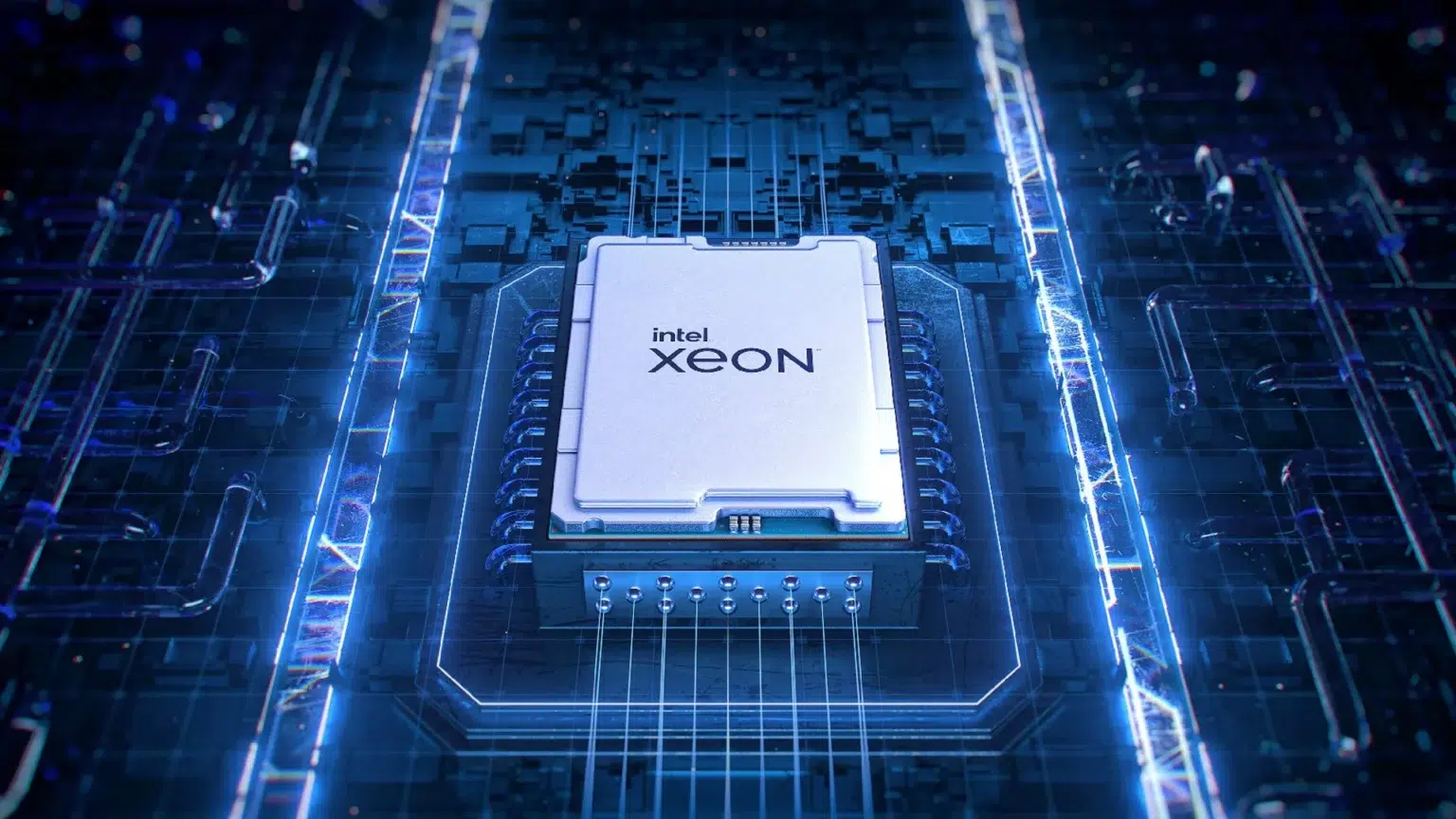 Processador Intel Xeon em destaque sobre placa de circuito azul com linhas de luz e trilhas eletrônicas