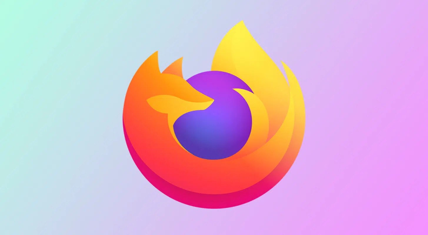 Logotipo do navegador Firefox da Mozilla, raposa laranja e roxa envolvendo um globo sobre fundo em degradê azul e rosa