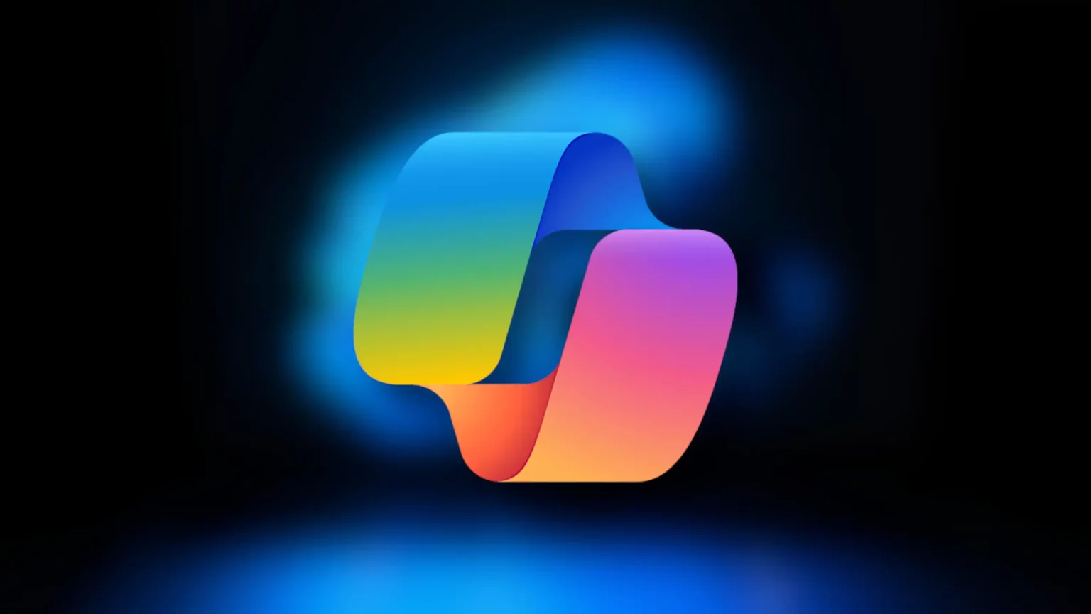 Logotipo do Microsoft Copilot, símbolo com faixas curvas em gradiente de azul, verde, amarelo, rosa e laranja sobre fundo escuro com brilho azul