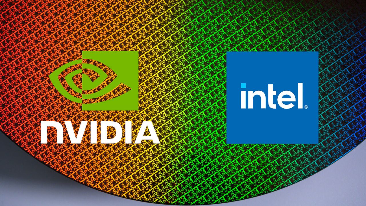 NVIDIA injeta US$ 5 bilhões na Intel em um movimento que pode mudar o mercado de chips 1 Wafer semicircular com textura de grid de microchips e logotipos da Nvidia e Intel lado a lado