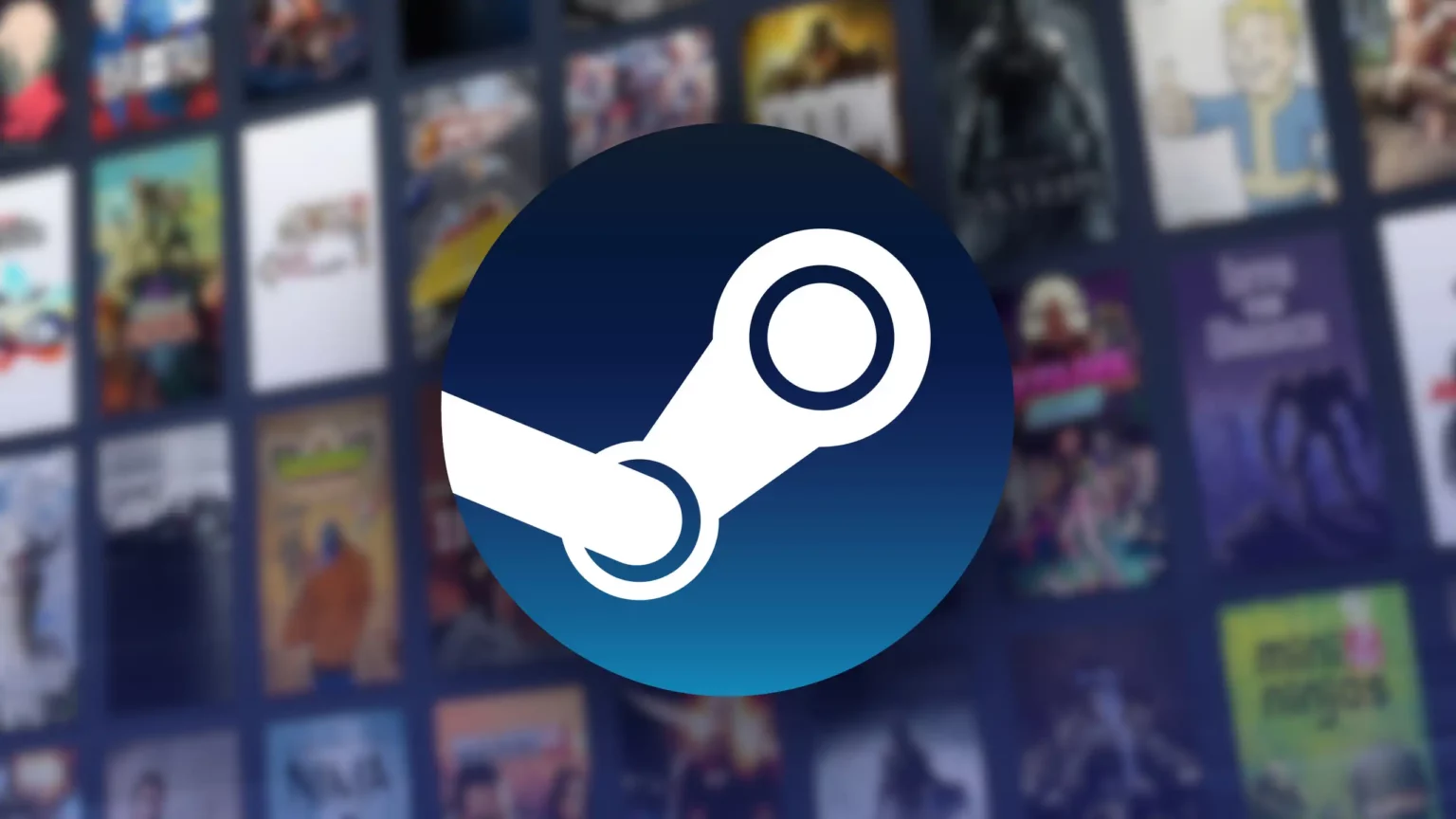 Logo da Steam em destaque sobre fundo desfocado com capas de jogos da biblioteca da plataforma