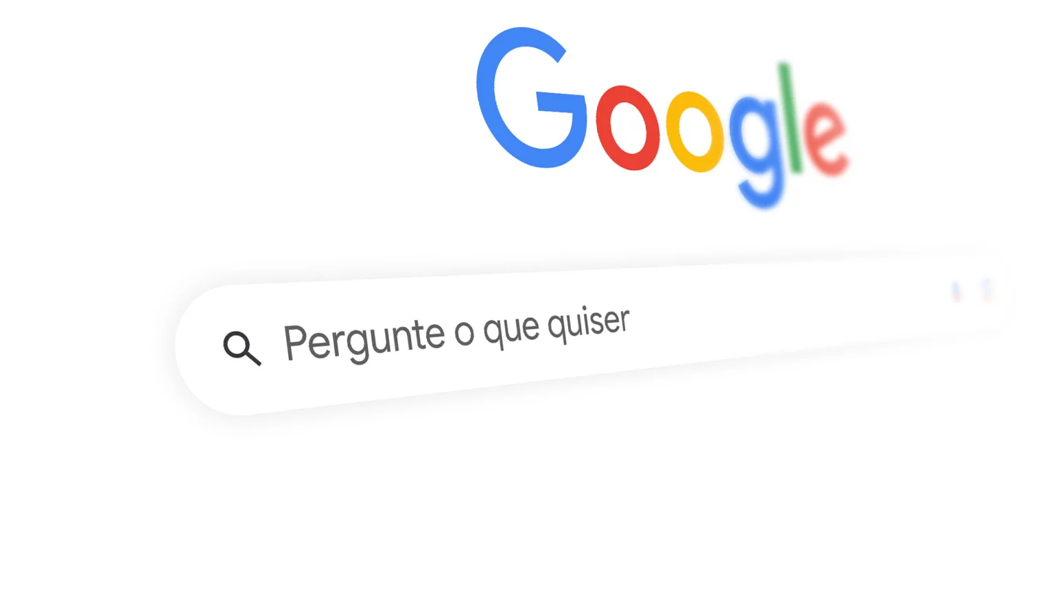 Logo do Google acima de uma barra de busca com o texto "Pergunte o que quiser", representando a nova busca com IA