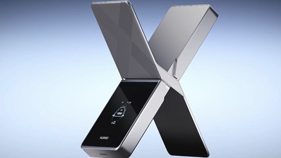 Roteador Huawei Mobile WiFi X surpreende com design em formato de X e suporte a 5G 2 Roteador portátil Huawei Mobile WiFi X com design dobrável em X, em fundo gradiente azul e branco.