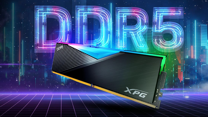 OpenAI está esgotando estoques de memória DDR5 e criando crise no mercado 1 Módulo de memória DDR5 XPG com dissipador em neon azul e roxo, sobre fundo futurista de tecnologia