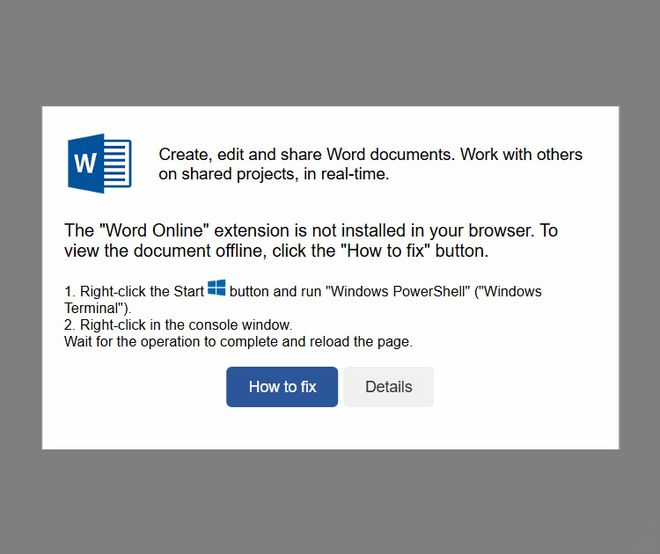 Janela de aviso falso no navegador com alerta de extensão Word Online não instalada e instruções para executar PowerShell