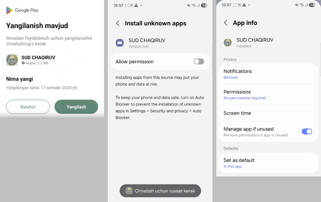 Hackers transformam Telegram em ferramenta para roubo de dados com apps falsos 2 Capturas de tela do app uzbeque falso SUD CHAQIRUV no Google Play