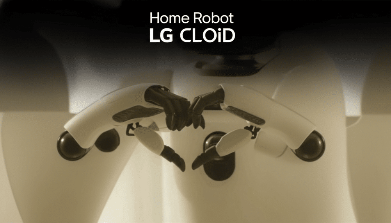 Robô doméstico LG CLOiD com dois braços articulados de cor clara e mãos com garras, em destaque, sob o texto "Home Robot LG CLOiD