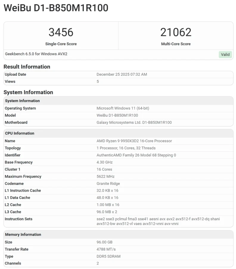 Vazam informações sobre o Ryzen 9 9950X3D2: 192MB de cache L3 1 Resultados de benchmark Geekbench do processador AMD Ryzen 9 9950X3D2 mostrando desempenho single-core 3456 e multi-core 21062