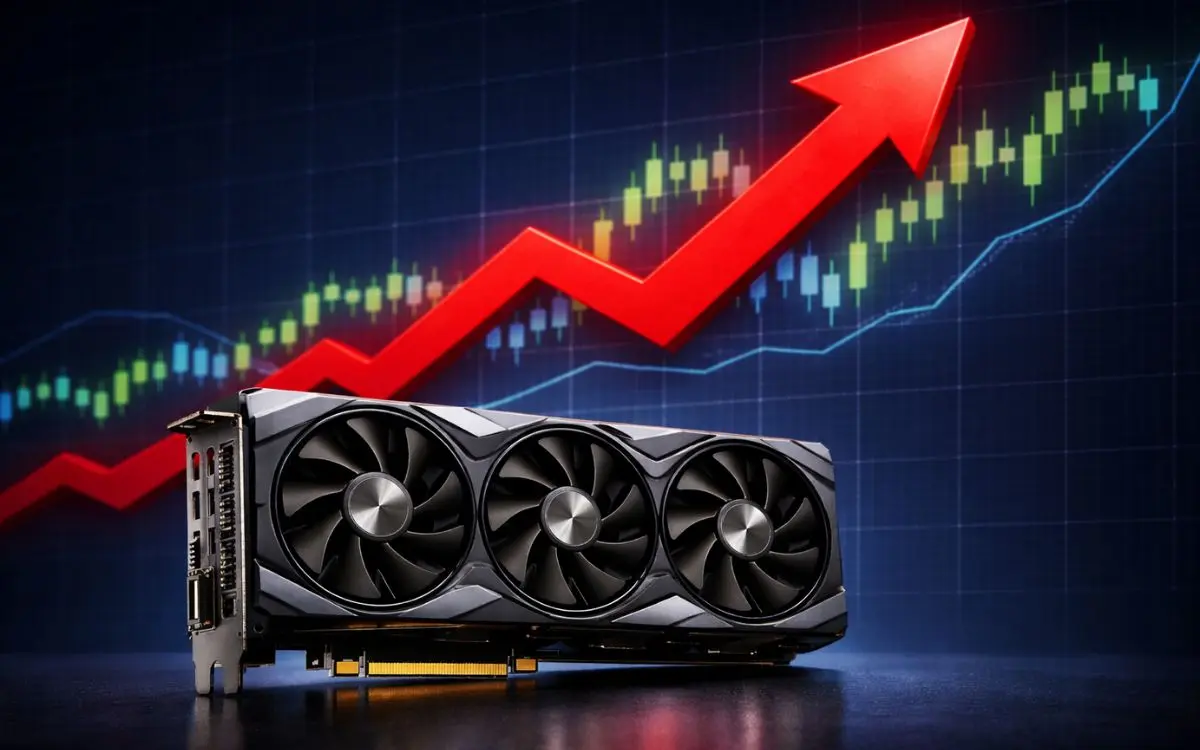 NVIDIA está cobrando menos que a AMD por memórias GDDR, revela vazamento 2 Placa de vídeo com três ventoinhas e gráfico financeiro mostrando aumento nos preços