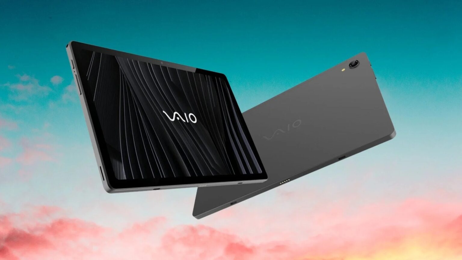 Tablet VAIO TL10 com tela escura exibindo o logo VAIO, mostrado de frente e de costas sobre um fundo de céu azul e rosa