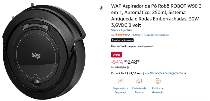 Robô aspirador com 54% OFF: WAP W90 automatiza a limpeza gastando pouco (até 6x sem juros) 1 1 43