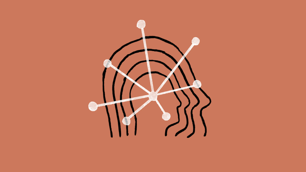 Ilustração gráfica com várias silhuetas de cabeça sobre fundo terracota, representando redes neurais e inteligência artificial