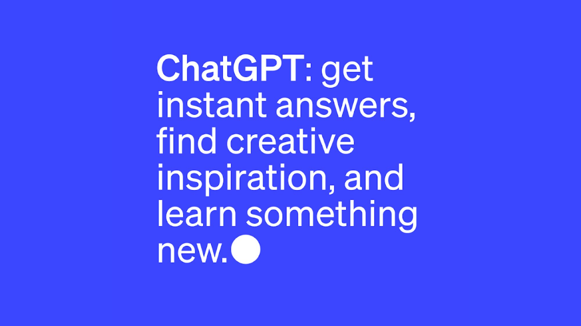 Banner azul com texto branco promocional sobre ChatGPT com mensagens sobre respostas instantâneas e inspiração criativa.