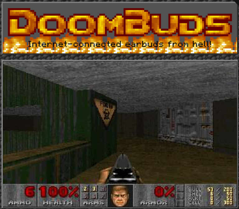 Cena do jogo DoomBuds rodando em fones de ouvido PineBuds Pro com visual retrô e HUD mostrando munição e saúde
