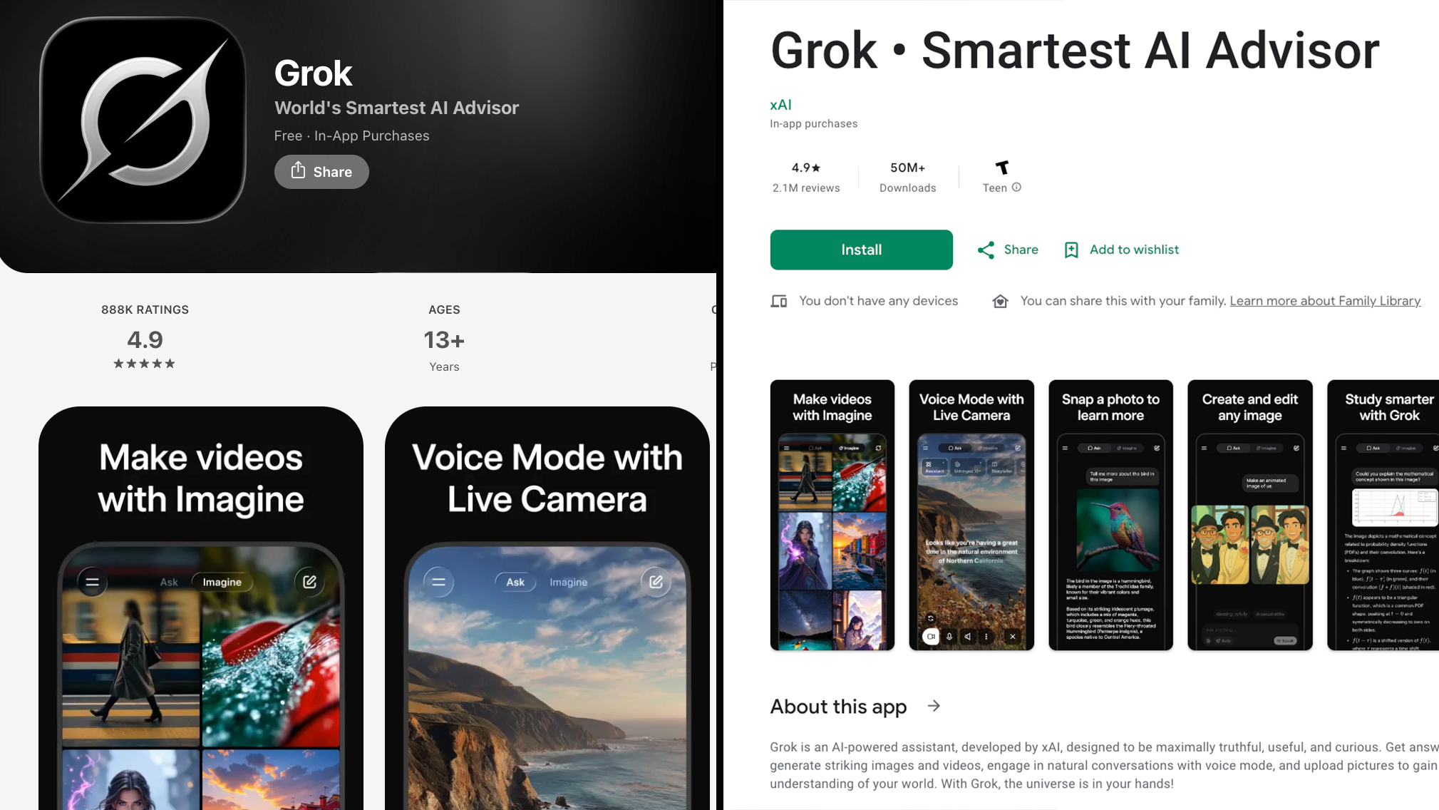 Página do aplicativo Grok nas lojas App Store mostrando avaliações e descrições