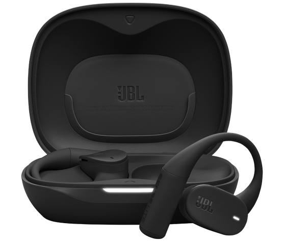Conjunto de fones de ouvido sem fio JBL Soundgear Sense Lite dentro do estojo de carga preto aberto
