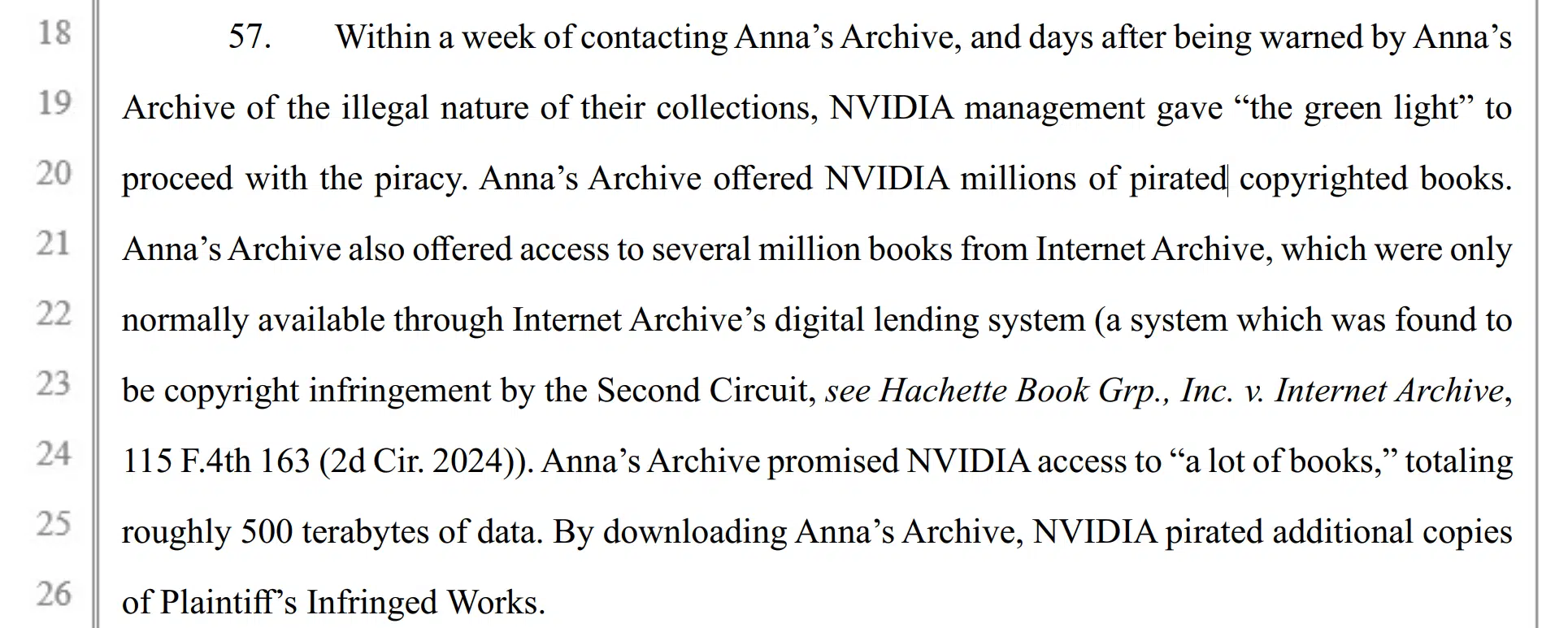 Documento legal com alegações de uso ilegal de livros pirateados pela Nvidia