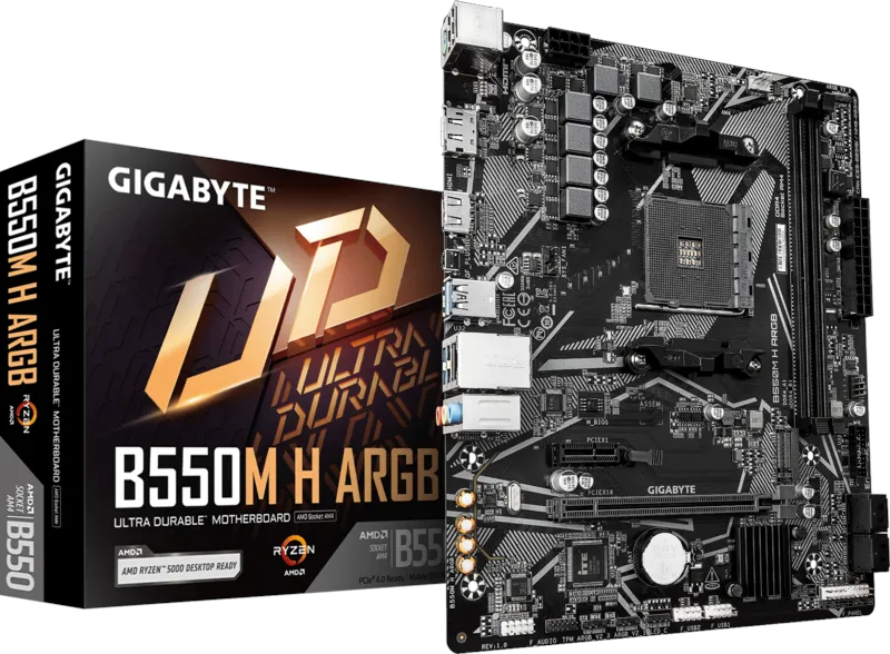 Gigabyte aposta no retorno das placas AM4 em meio à alta dos preços de DDR5 2 Placa-mãe Gigabyte B550M ARGB Micro-ATX com dissipadores prateados e suporte de iluminação ARGB.