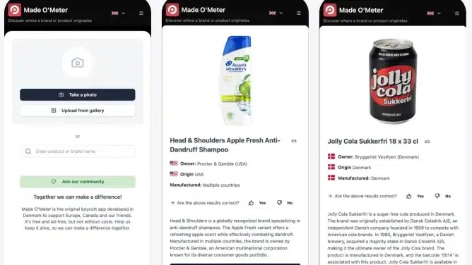Capturas de tela do aplicativo Made O'Meter exibindo interfaces para identificação de produtos por origem e proprietário
