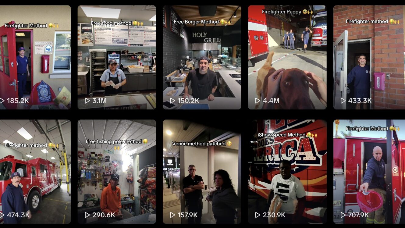 Colagem de 10 thumbnails de vídeos TikTok mostrando pegadinhas e situações com bombeiros e atendentes, temática relacionada a gravações com óculos inteligentes para conteúdo viral