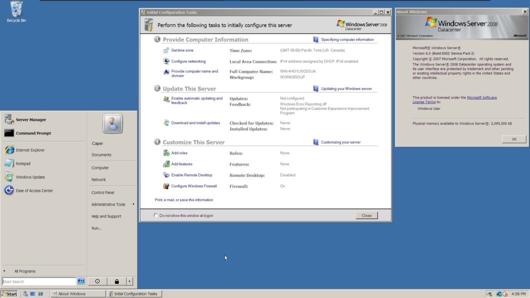 Microsoft encerra suporte ao Windows Server 2008 após 18 anos 1 Tela do ambiente Windows Server 2008 Datacenter com janelas de configuração inicial e informações do sistema