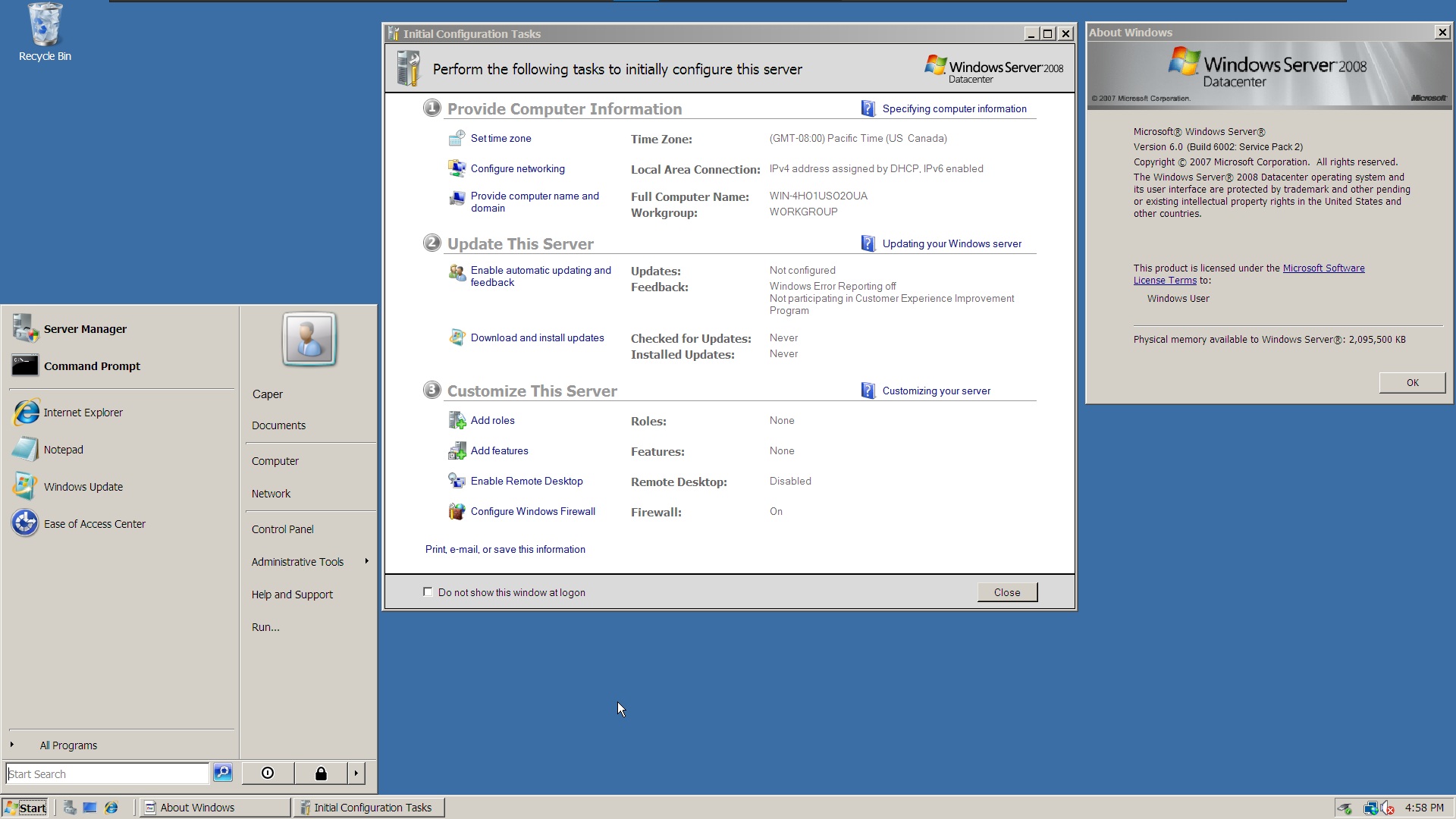 Microsoft encerra suporte ao Windows Server 2008 após 18 anos 2 Ambiente desktop do Windows Server 2008 Datacenter com menu Iniciar e janelas de configuração