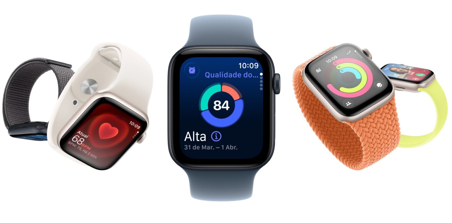Três Apple Watch lado a lado com pulseiras diferentes, mostrando telas de frequência cardíaca, qualidade do sono e anéis de atividade