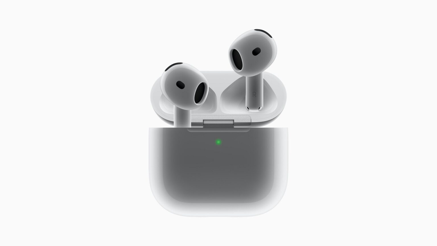 AirPods 4 da Apple com estojo de carregamento aberto e luz verde indicadora sobre fundo branco