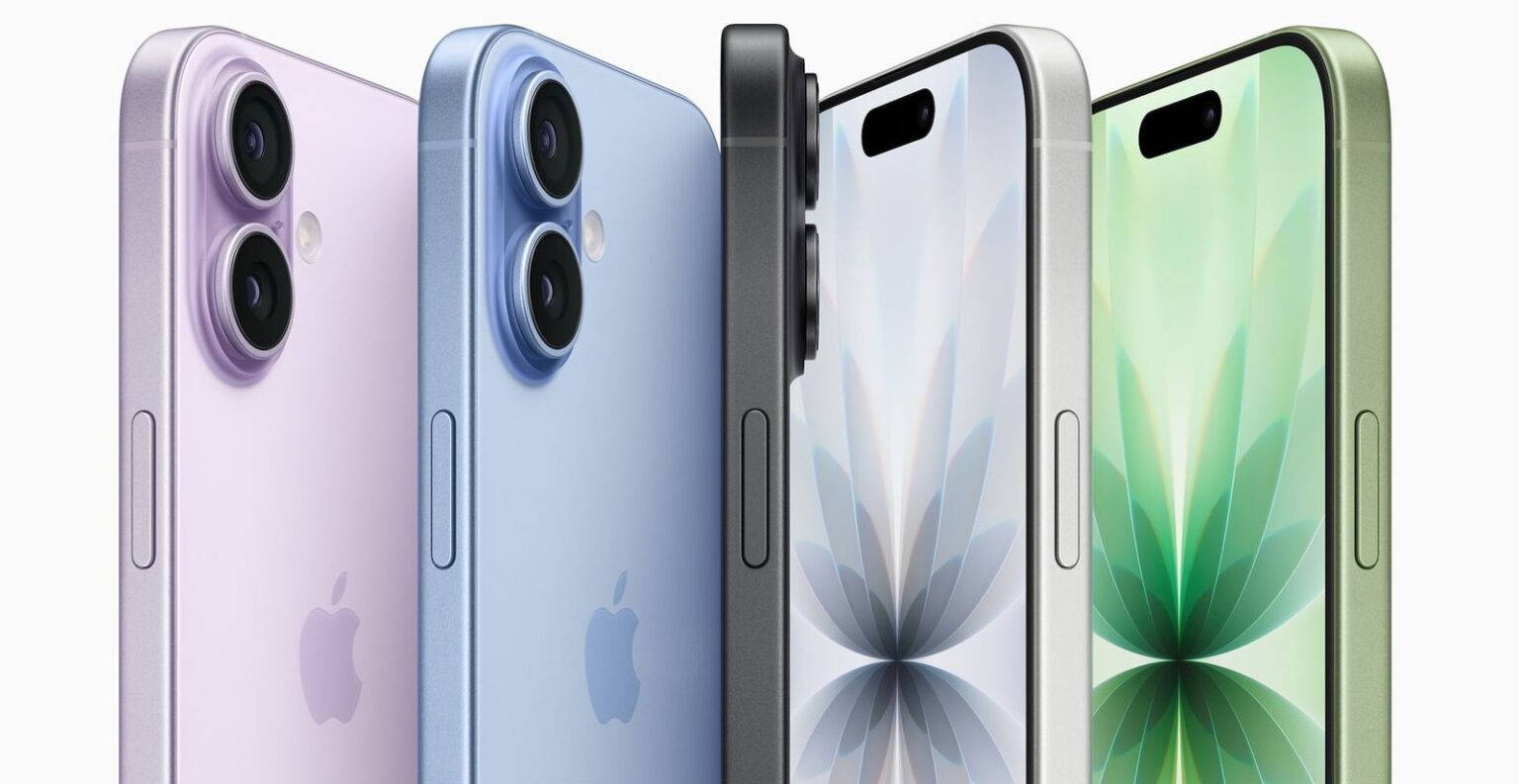 Quatro iPhones lado a lado em cores lilás, azul, preto e verde, mostrando traseiras com câmeras duplas e telas com papel de parede floral