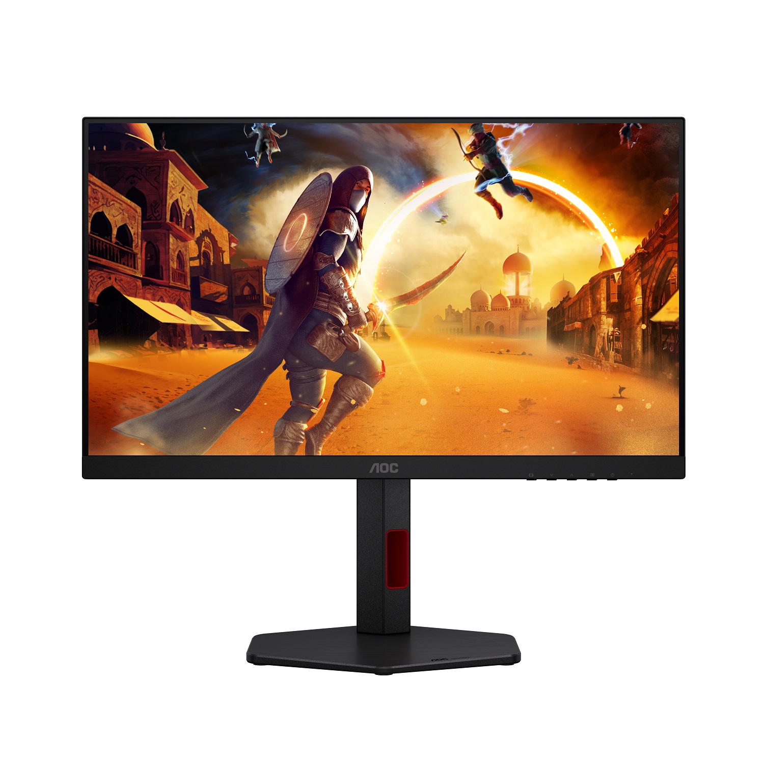 AOC Gaming 24G4ZR e 27G4ZR: Monitores IPS de 260Hz redefinem o padrão para gamers 1 Monitor AOC Gaming 24G4ZR com cena de fantasia de guerreiro em armadura e ambiente de cidade antiga em tons ocre e laranja